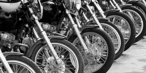 A row of motorcycles lined up ready for a ride