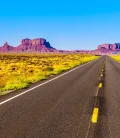 A scenic road stretching toward distant mountains, with a clear sky above.