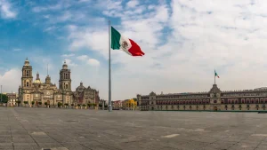 A panoramic view of El Zócalo, the main square in Mexico City, with its historic buildings