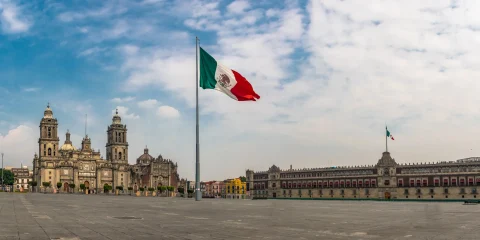 A panoramic view of El Zócalo, the main square in Mexico City, with its historic buildings