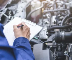 A mechanic reviewing a checklist while inspecting a car in the shop