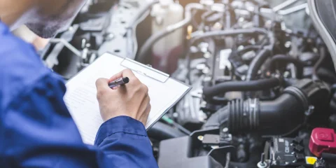 A mechanic reviewing a checklist while inspecting a car in the shop