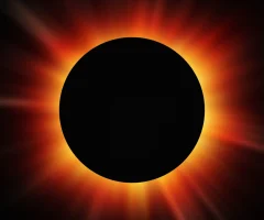 View of a total solar eclipse with the moon completely covering the sun.