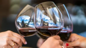 Three glasses of wine elegantly displayed at a vineyard in Valle de Guadalupe