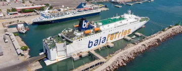 A Baja Ferries vessel departing from Baja California