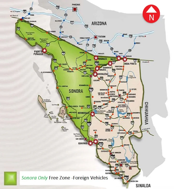 A map showing the border between Sonora, Mexico, and Arizona, USA, highlighting key locations.